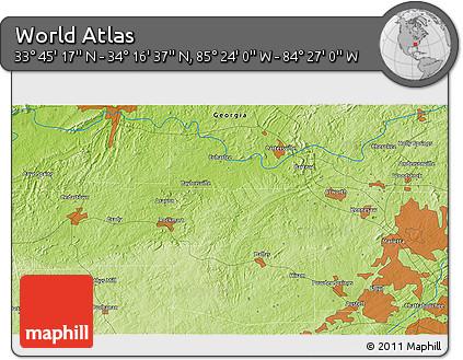 Physical 3D Map of the Area around 34° 0' 57" N, 84° 55' 30" W
