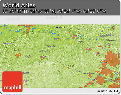 Physical 3D Map of the Area around 34° 0' 57" N, 84° 55' 30" W