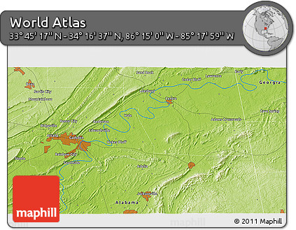 Physical 3D Map of the Area around 34° 0' 57" N, 85° 46' 30" W