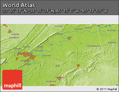 Physical 3D Map of the Area around 34° 0' 57" N, 85° 46' 30" W