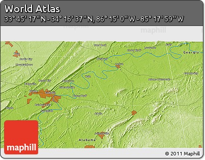 Physical 3D Map of the Area around 34° 0' 57" N, 85° 46' 30" W