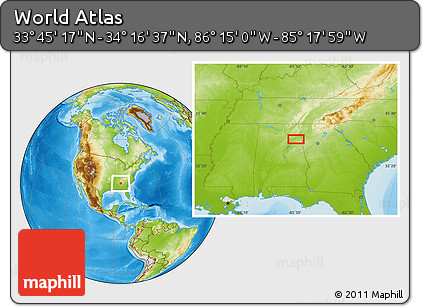 Physical Location Map of the Area around 34° 0' 57" N, 85° 46' 30" W