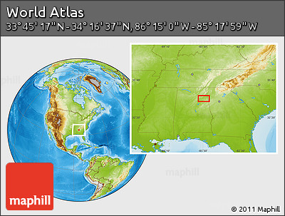 Physical Location Map of the Area around 34° 0' 57" N, 85° 46' 30" W