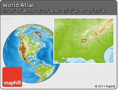 Physical Location Map of the Area around 34° 0' 57" N, 85° 46' 30" W