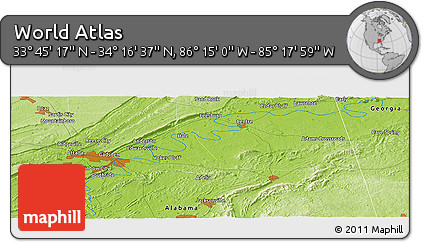 Physical Panoramic Map of the Area around 34° 0' 57" N, 85° 46' 30" W