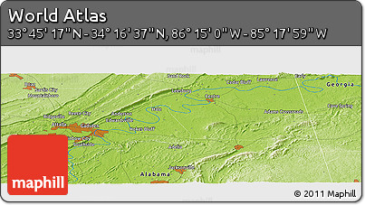 Physical Panoramic Map of the Area around 34° 0' 57" N, 85° 46' 30" W