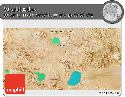 Satellite 3D Map of the Area around 34° 0' 57" N, 88° 28' 29" E