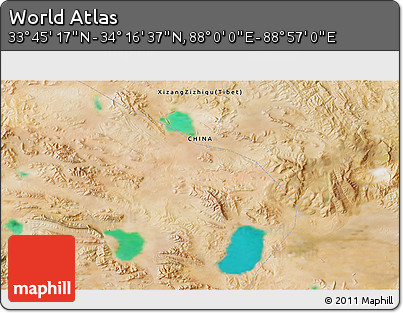 Satellite 3D Map of the Area around 34° 0' 57" N, 88° 28' 29" E