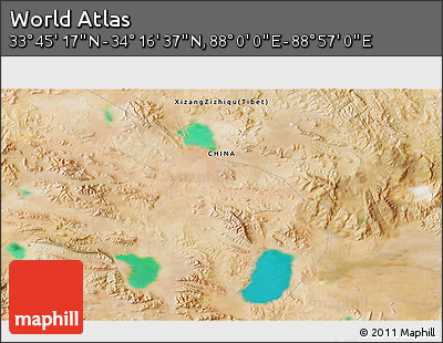Satellite 3D Map of the Area around 34° 0' 57" N, 88° 28' 29" E