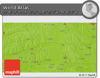 Physical 3D Map of the Area around 34° 0' 57" N, 89° 10' 30" W