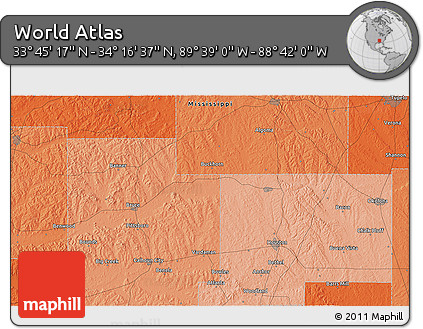 Political 3D Map of the Area around 34° 0' 57" N, 89° 10' 30" W