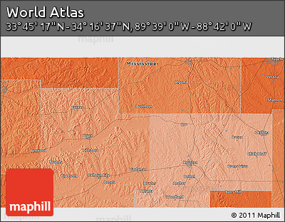 Political 3D Map of the Area around 34° 0' 57" N, 89° 10' 30" W