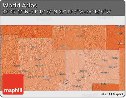 Political 3D Map of the Area around 34° 0' 57" N, 89° 10' 30" W