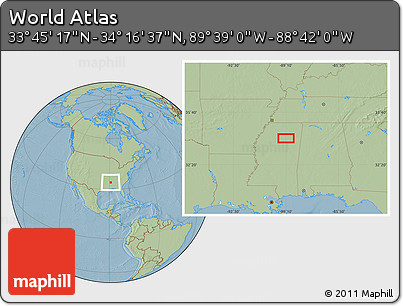 Savanna Style Location Map of the Area around 34° 0' 57" N, 89° 10' 30" W, hill shading