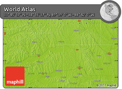 Physical Map of the Area around 34° 0' 57" N, 89° 10' 30" W