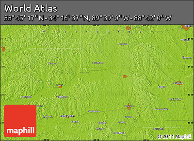 Physical Map of the Area around 34° 0' 57" N, 89° 10' 30" W