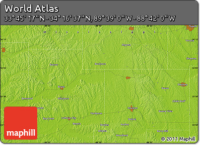 Physical Map of the Area around 34° 0' 57" N, 89° 10' 30" W