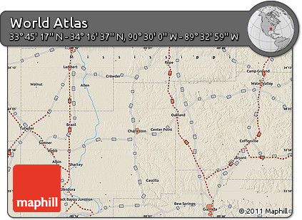 Shaded Relief Map of the Area around 34° 0' 57" N, 90° 1' 30" W
