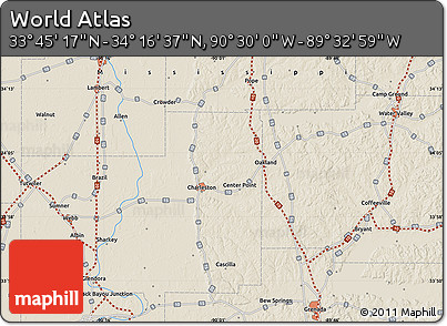 Shaded Relief Map of the Area around 34° 0' 57" N, 90° 1' 30" W