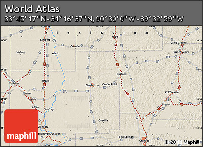 Shaded Relief Map of the Area around 34° 0' 57" N, 90° 1' 30" W