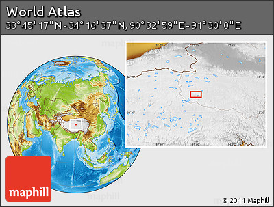 Physical Location Map of the Area around 34° 0' 57" N, 91° 1' 30" E