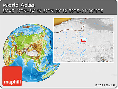 Physical Location Map of the Area around 34° 0' 57" N, 91° 1' 30" E