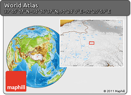 Physical Location Map of the Area around 34° 0' 57" N, 91° 52' 30" E