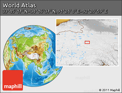 Physical Location Map of the Area around 34° 0' 57" N, 91° 52' 30" E
