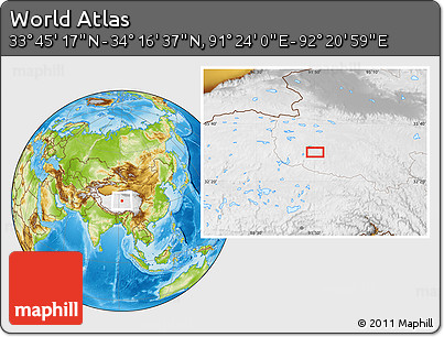 Physical Location Map of the Area around 34° 0' 57" N, 91° 52' 30" E