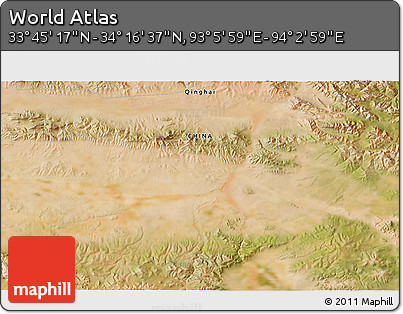 Satellite 3D Map of the Area around 34° 0' 57" N, 93° 34' 29" E