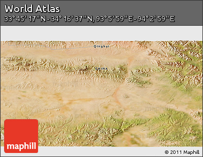 Satellite 3D Map of the Area around 34° 0' 57" N, 93° 34' 29" E