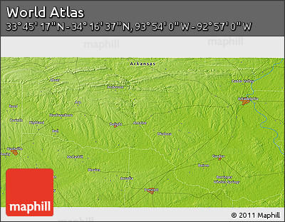 Physical 3D Map of the Area around 34° 0' 57" N, 93° 25' 30" W