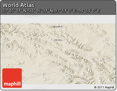Shaded Relief 3D Map of the Area around 34° 0' 57" N, 94° 25' 30" E