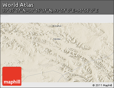 Shaded Relief 3D Map of the Area around 34° 0' 57" N, 94° 25' 30" E