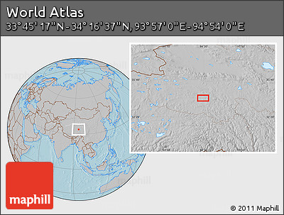 Gray Location Map of the Area around 34° 0' 57" N, 94° 25' 30" E, hill shading