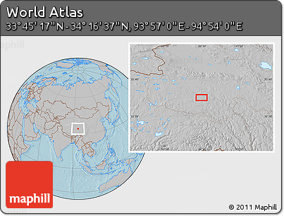 Gray Location Map of the Area around 34° 0' 57" N, 94° 25' 30" E, hill shading