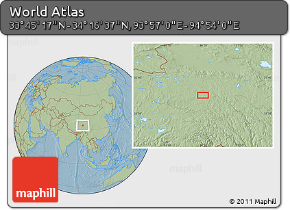 Savanna Style Location Map of the Area around 34° 0' 57" N, 94° 25' 30" E, hill shading