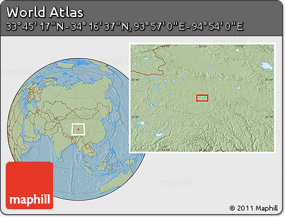 Savanna Style Location Map of the Area around 34° 0' 57" N, 94° 25' 30" E, hill shading