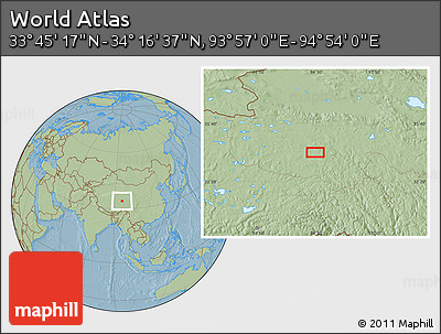 Savanna Style Location Map of the Area around 34° 0' 57" N, 94° 25' 30" E, hill shading