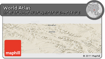 Shaded Relief Panoramic Map of the Area around 34° 0' 57" N, 94° 25' 30" E
