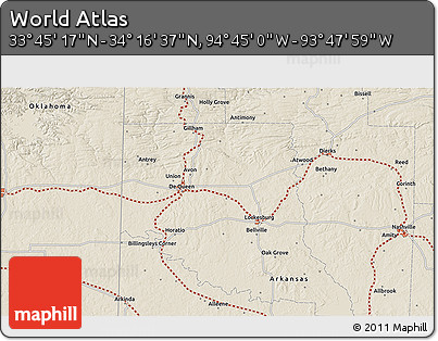 Shaded Relief 3D Map of the Area around 34° 0' 57" N, 94° 16' 30" W