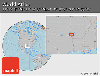 Gray Location Map of the Area around 34° 0' 57" N, 94° 16' 30" W, hill shading
