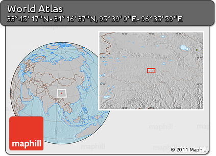 Gray Location Map of the Area around 34° 0' 57" N, 96° 7' 30" E, hill shading
