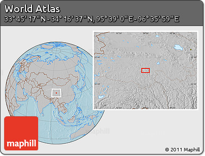 Gray Location Map of the Area around 34° 0' 57" N, 96° 7' 30" E, hill shading