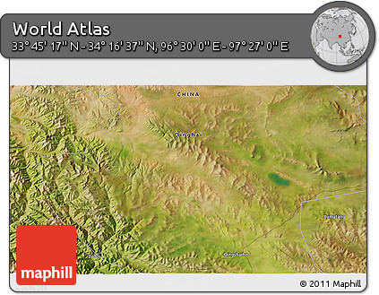 Satellite 3D Map of the Area around 34° 0' 57" N, 96° 58' 29" E