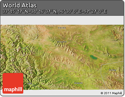 Satellite 3D Map of the Area around 34° 0' 57" N, 96° 58' 29" E
