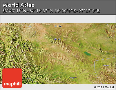 Satellite 3D Map of the Area around 34° 0' 57" N, 96° 58' 29" E