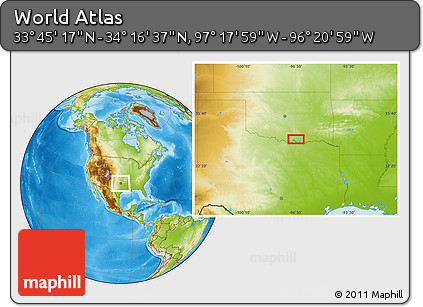 Physical Location Map of the Area around 34° 0' 57" N, 96° 49' 29" W
