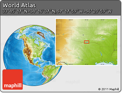 Physical Location Map of the Area around 34° 0' 57" N, 96° 49' 29" W
