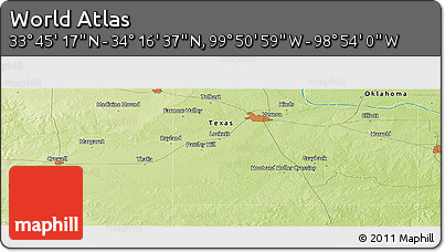 Physical Panoramic Map of the Area around 34° 0' 57" N, 99° 22' 30" W